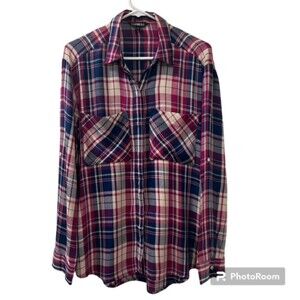 Express Womens Pink Multicolor Plaid Oversized LS Shirt Roll Up Sleeves Sz Small